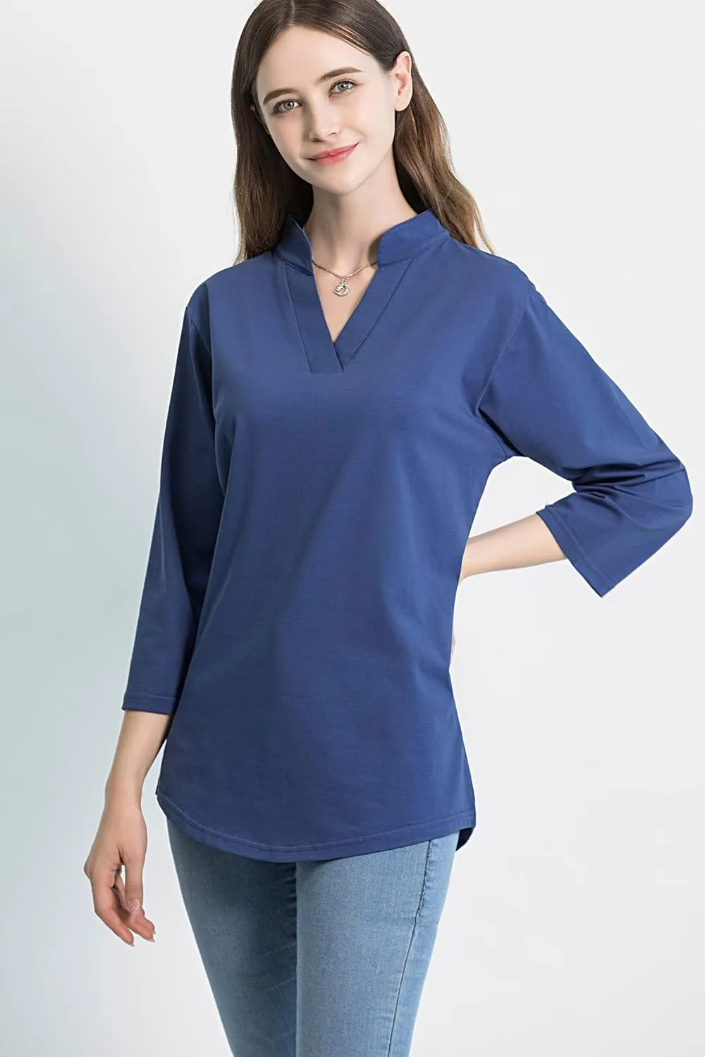 Tie G U Style Women's 3/4 Sleeve V Neck Stretch Loose Tunic Tops Casual Cotton Blouse Henley Collared Breathable Work Shirt