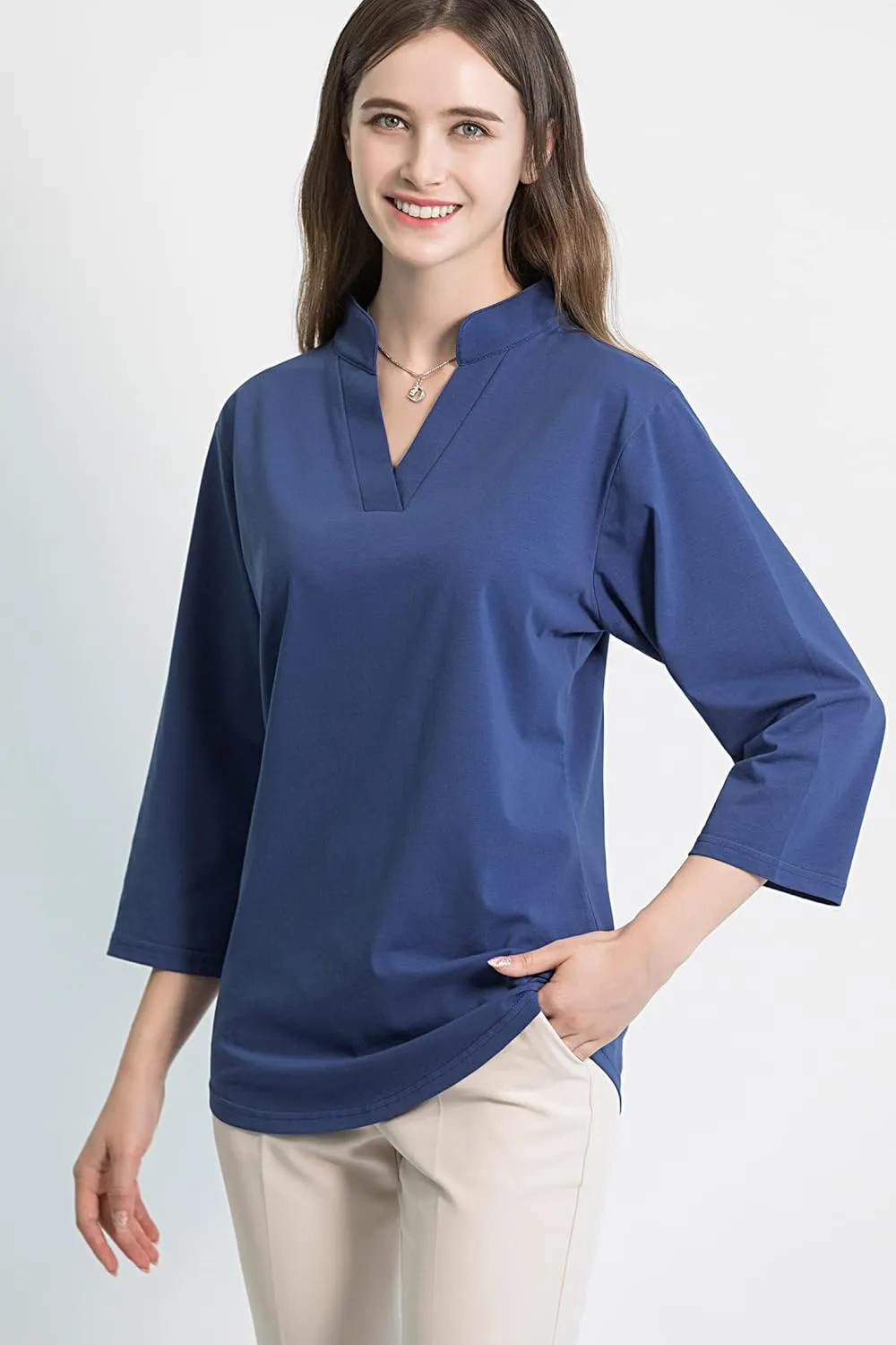 Tie G U Style Women's 3/4 Sleeve V Neck Stretch Loose Tunic Tops Casual Cotton Blouse Henley Collared Breathable Work Shirt