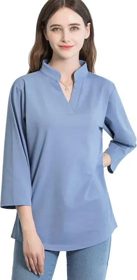 Tie G U Style Women's 3/4 Sleeve V Neck Stretch Loose Tunic Tops Casual Cotton Blouse Henley Collared Breathable Work Shirt