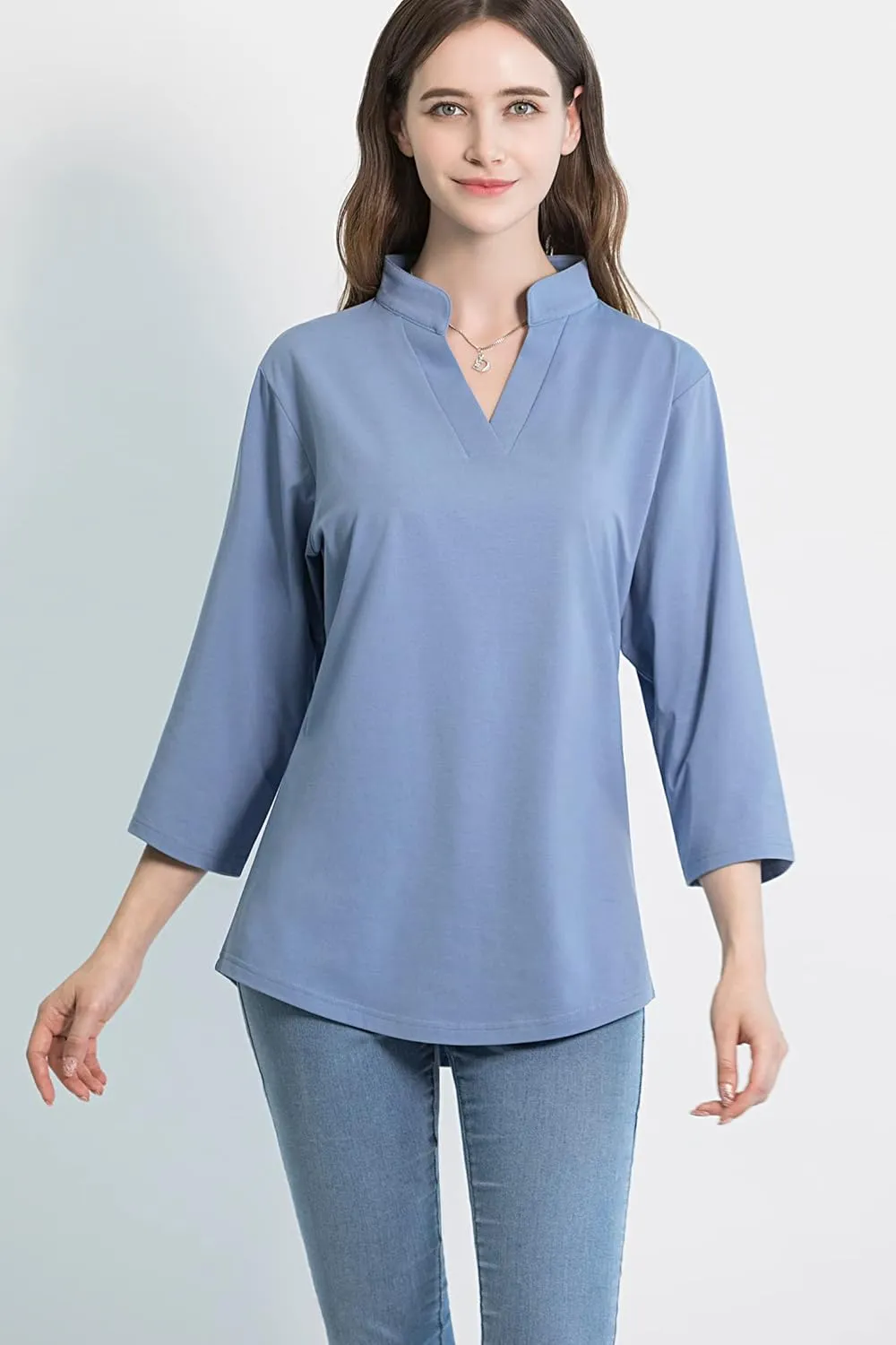 Tie G U Style Women's 3/4 Sleeve V Neck Stretch Loose Tunic Tops Casual Cotton Blouse Henley Collared Breathable Work Shirt
