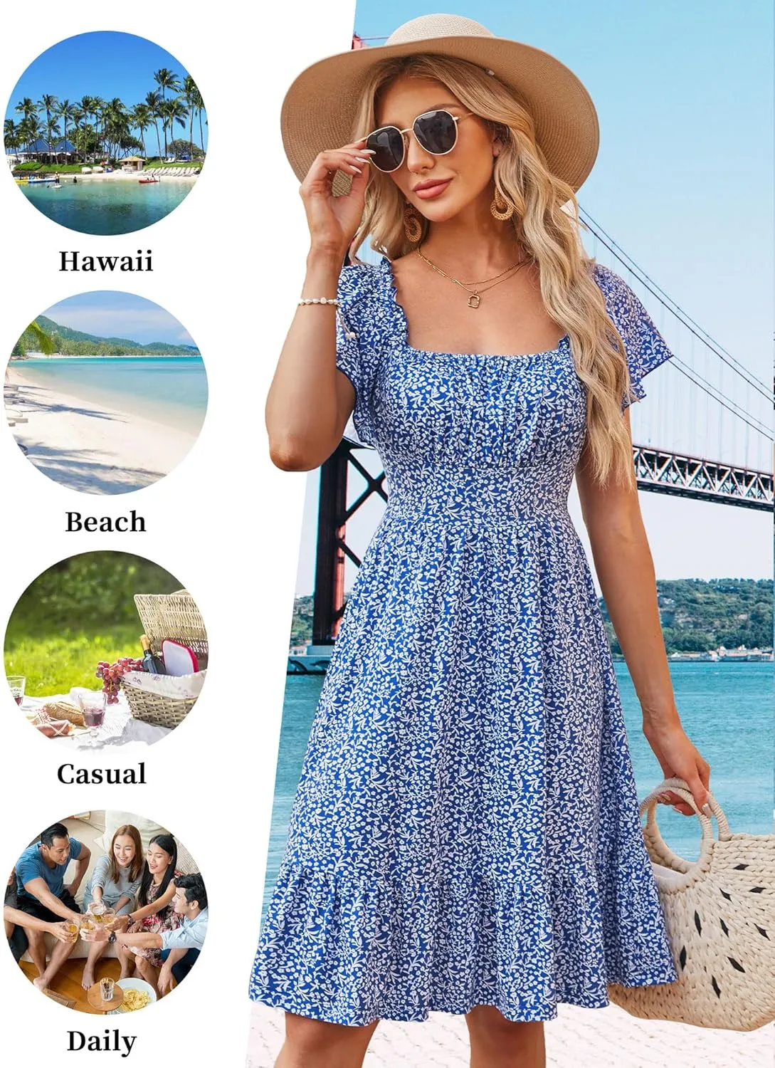 TORARY Cute Summer Dresses for Women 2024 Flutter Sleeve Square Neck Casual Spring Sundresses