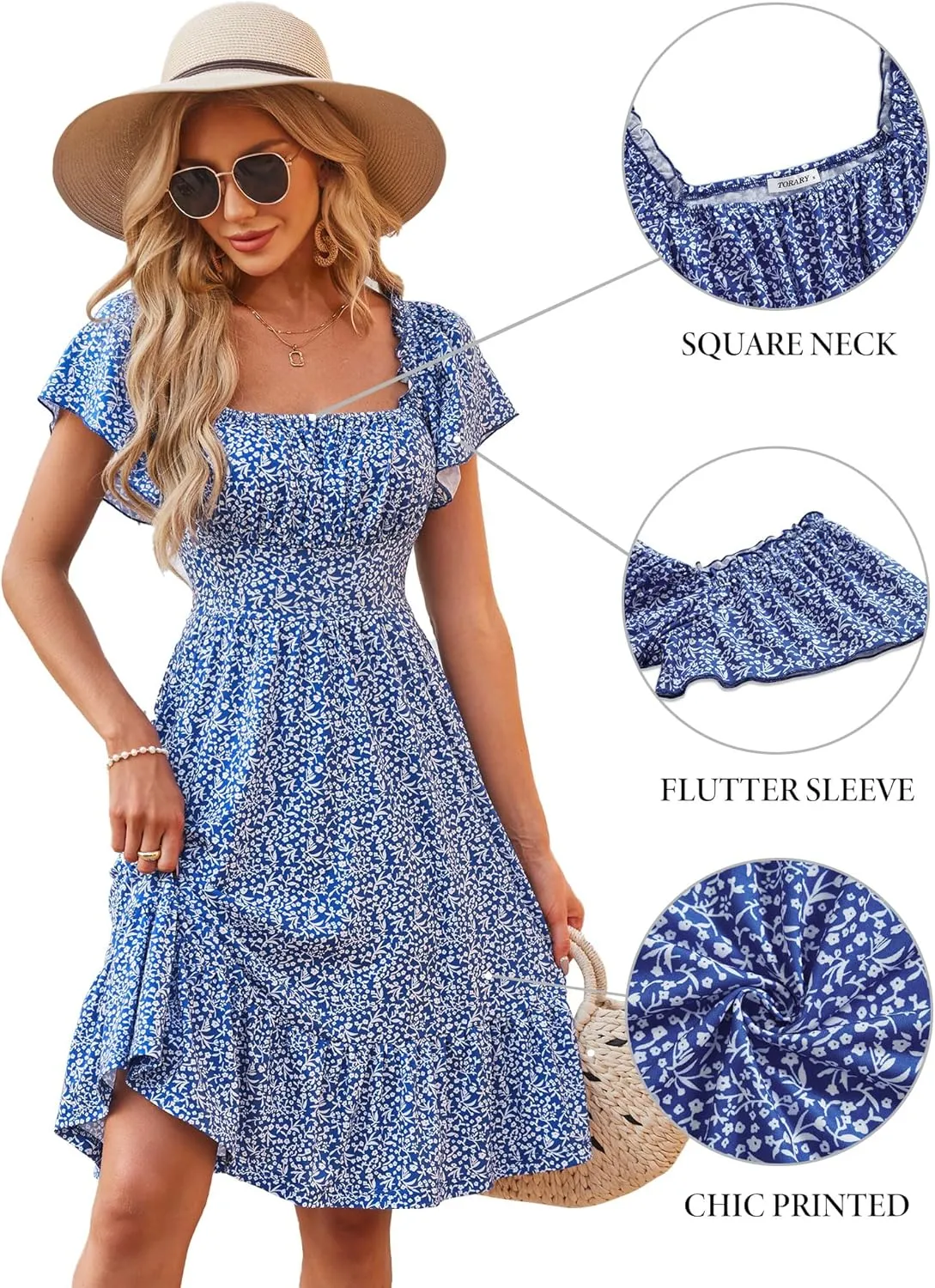 TORARY Cute Summer Dresses for Women 2024 Flutter Sleeve Square Neck Casual Spring Sundresses