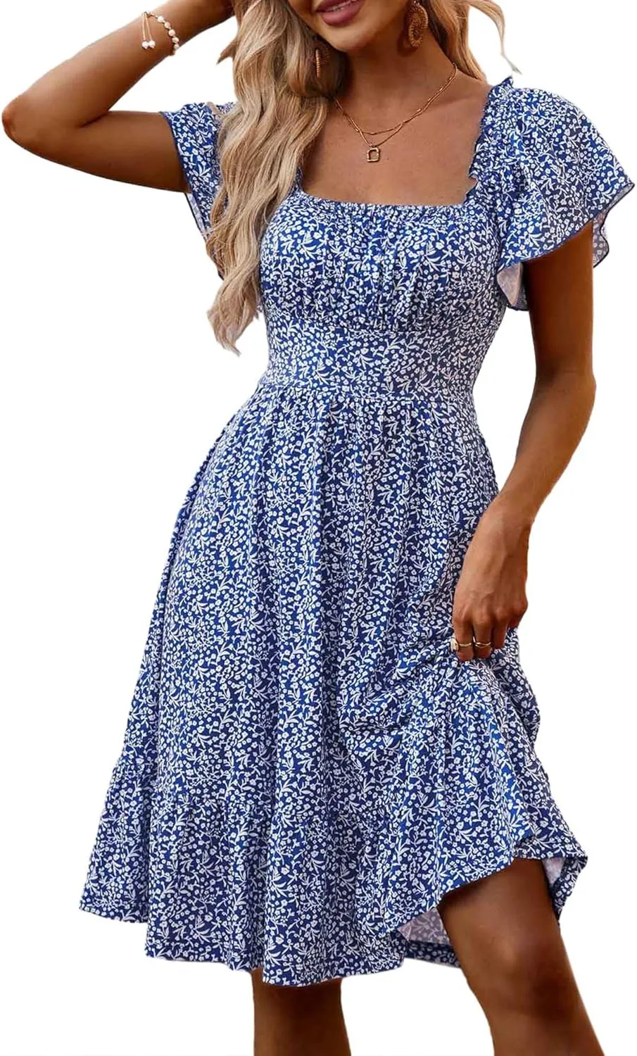 TORARY Cute Summer Dresses for Women 2024 Flutter Sleeve Square Neck Casual Spring Sundresses