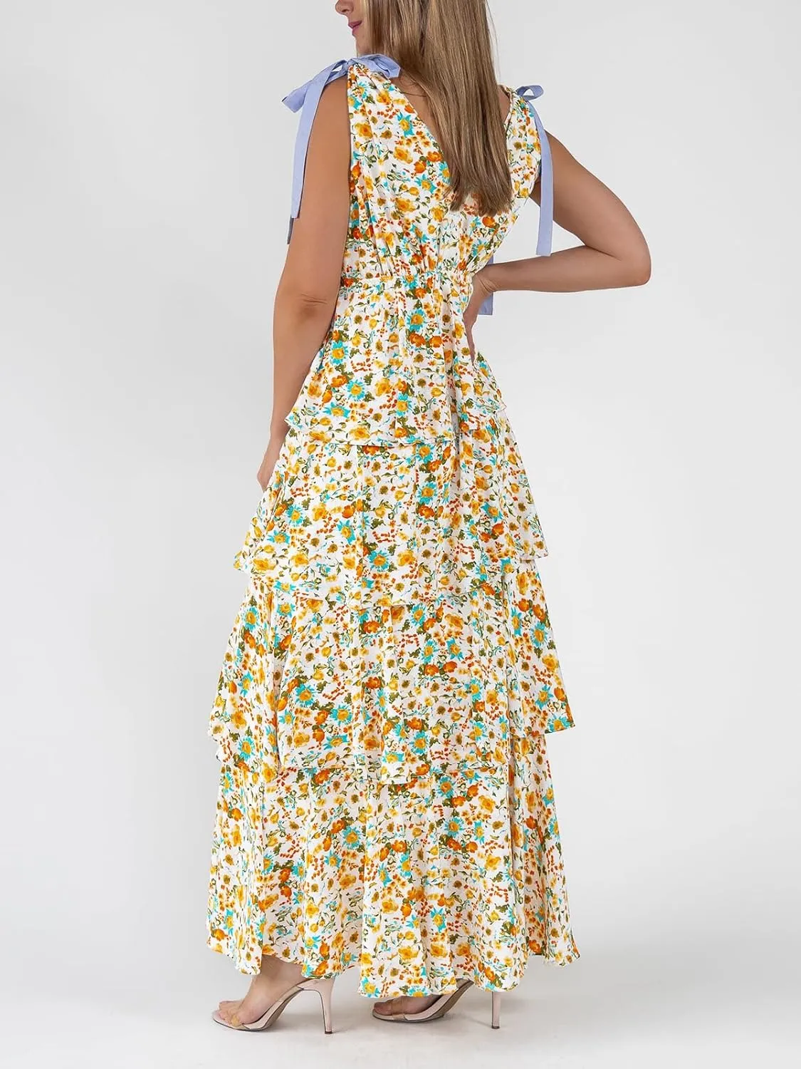 Wenrine Womens Summer Floral Maxi Dress Tie Strap Sleeveless V Neck High Slit Boho Ruffle Tiered Beach Dresses