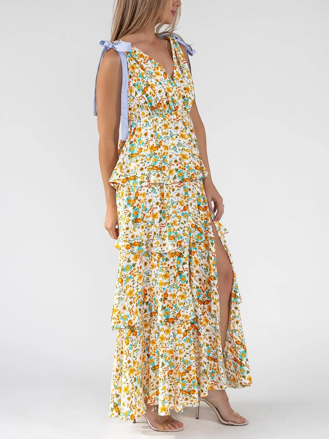 Wenrine Womens Summer Floral Maxi Dress Tie Strap Sleeveless V Neck High Slit Boho Ruffle Tiered Beach Dresses