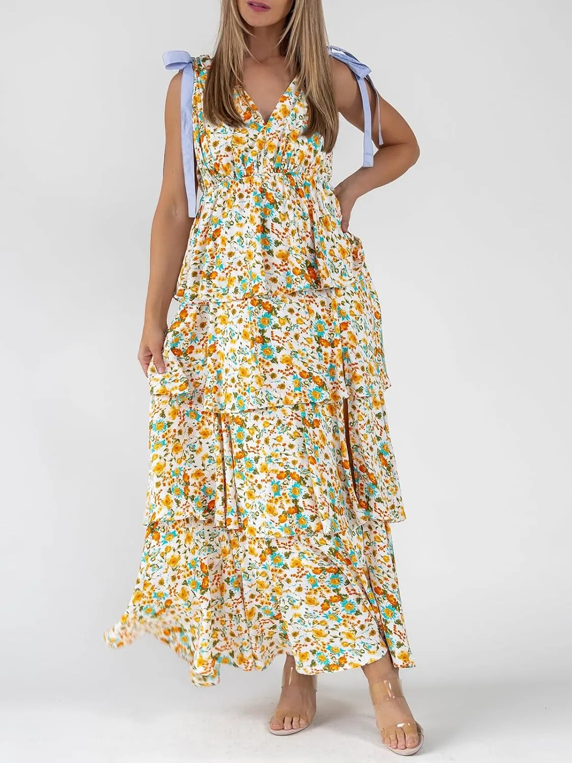Wenrine Womens Summer Floral Maxi Dress Tie Strap Sleeveless V Neck High Slit Boho Ruffle Tiered Beach Dresses