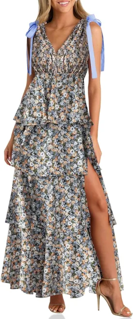 Wenrine Womens Summer Floral Maxi Dress Tie Strap Sleeveless V Neck High Slit Boho Ruffle Tiered Beach Dresses