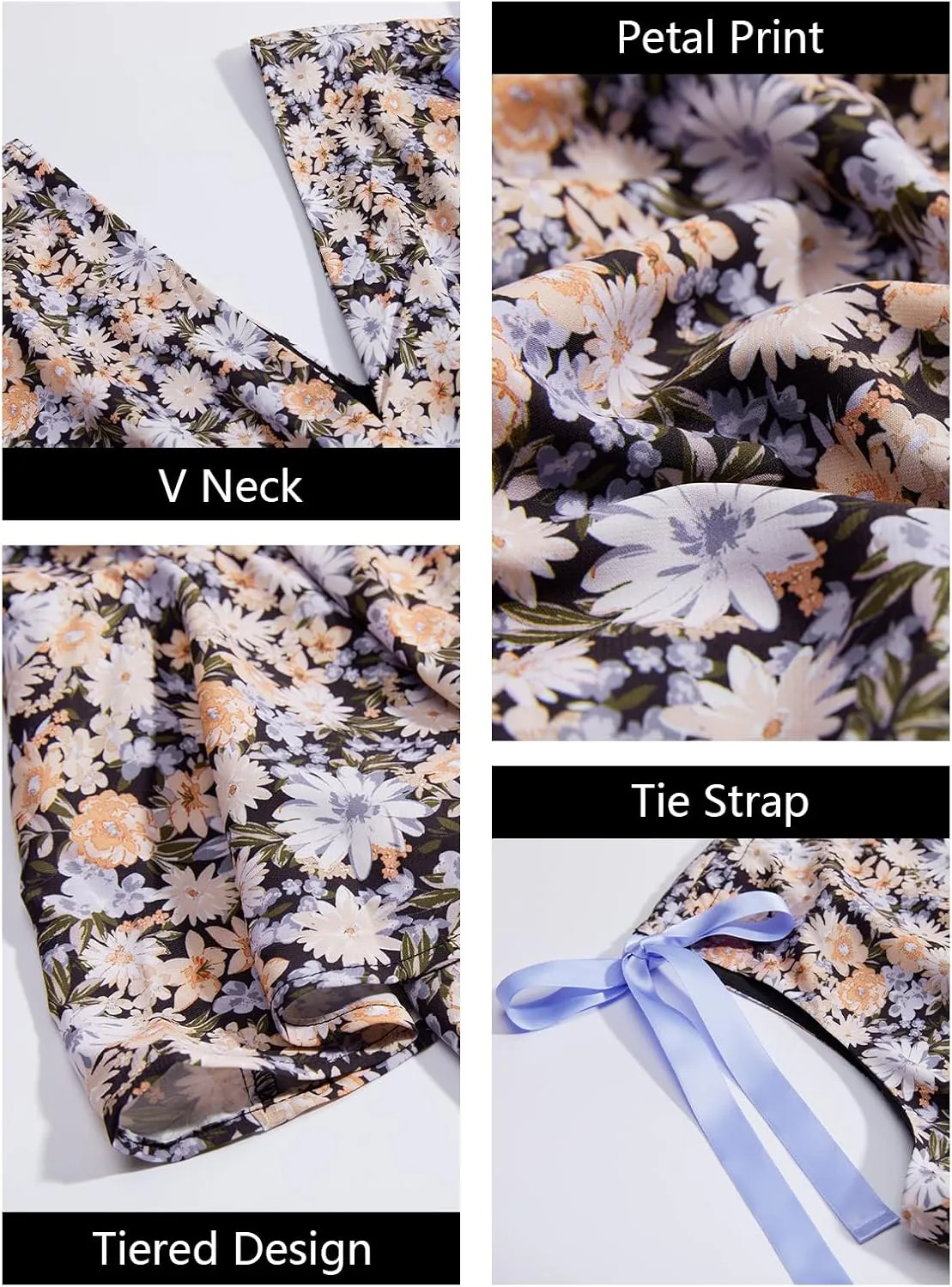 Wenrine Womens Summer Floral Maxi Dress Tie Strap Sleeveless V Neck High Slit Boho Ruffle Tiered Beach Dresses