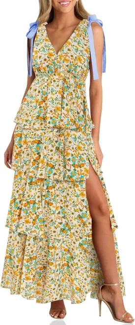 Wenrine Womens Summer Floral Maxi Dress Tie Strap Sleeveless V Neck High Slit Boho Ruffle Tiered Beach Dresses