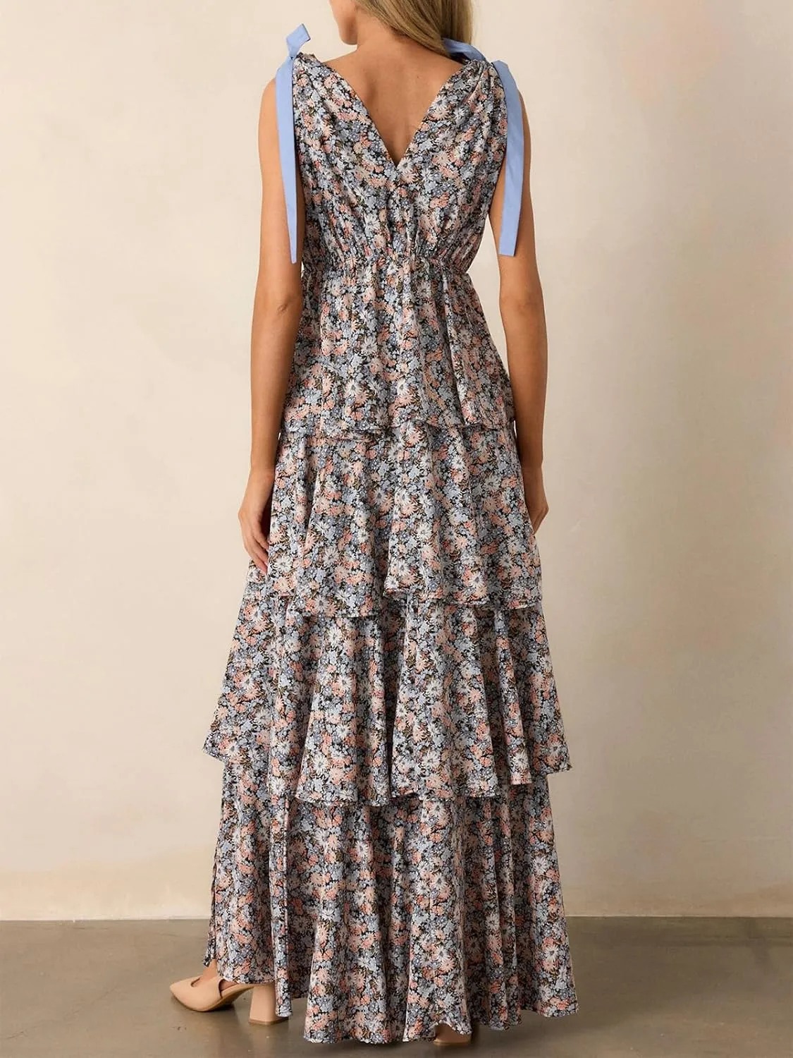 Wenrine Womens Summer Floral Maxi Dress Tie Strap Sleeveless V Neck High Slit Boho Ruffle Tiered Beach Dresses