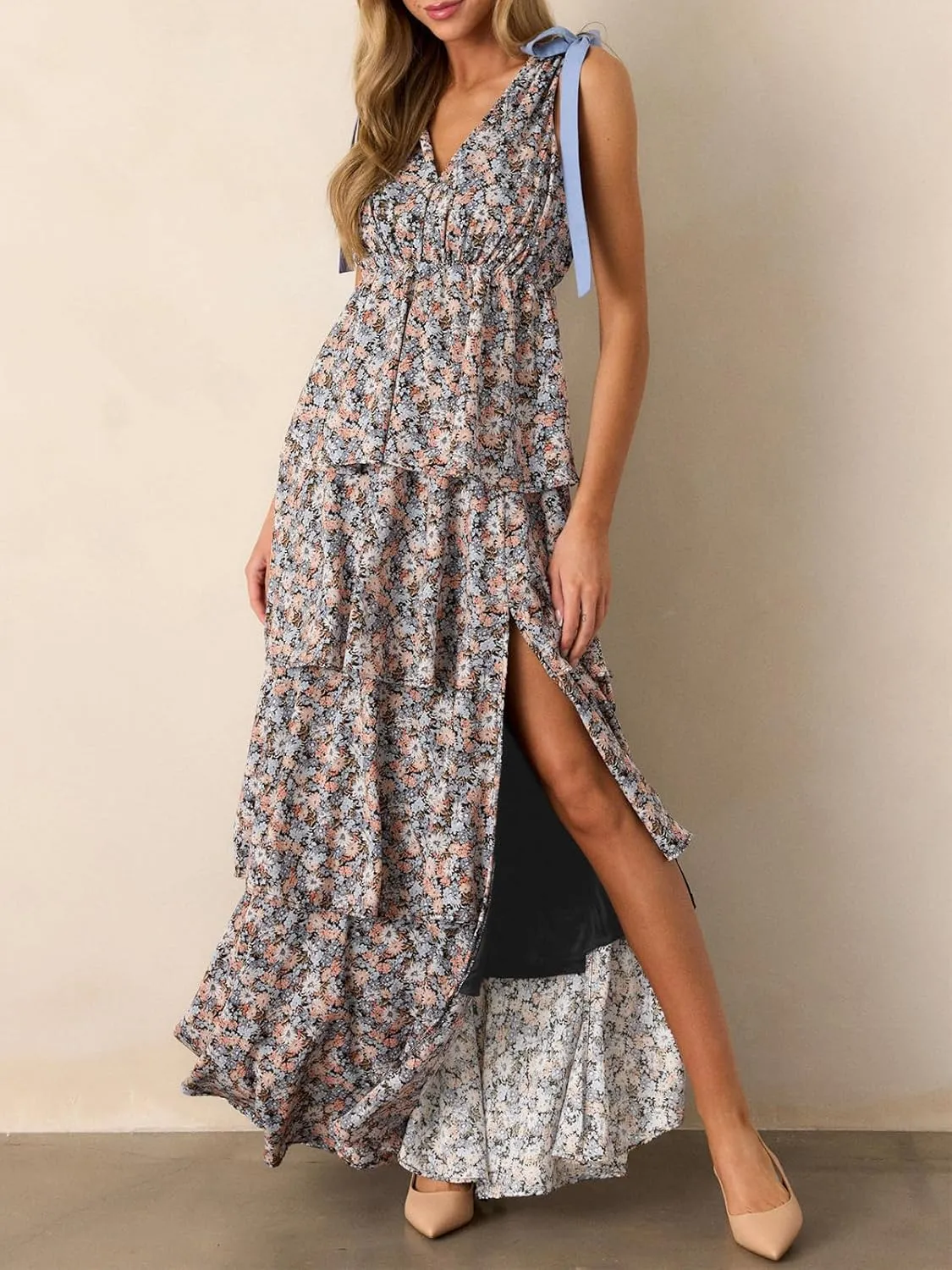 Wenrine Womens Summer Floral Maxi Dress Tie Strap Sleeveless V Neck High Slit Boho Ruffle Tiered Beach Dresses