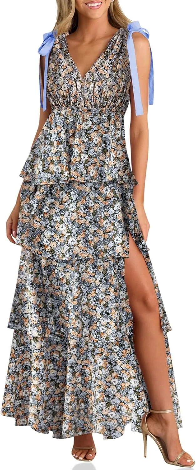 Wenrine Womens Summer Floral Maxi Dress Tie Strap Sleeveless V Neck High Slit Boho Ruffle Tiered Beach Dresses