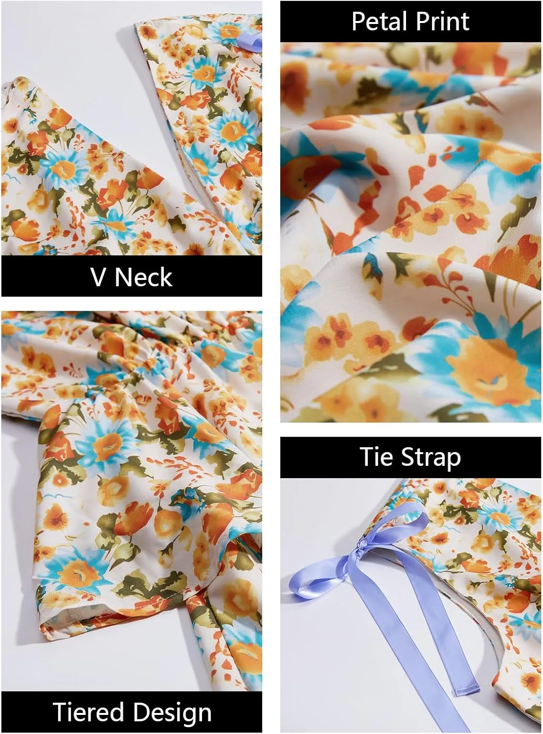 Wenrine Womens Summer Floral Maxi Dress Tie Strap Sleeveless V Neck High Slit Boho Ruffle Tiered Beach Dresses