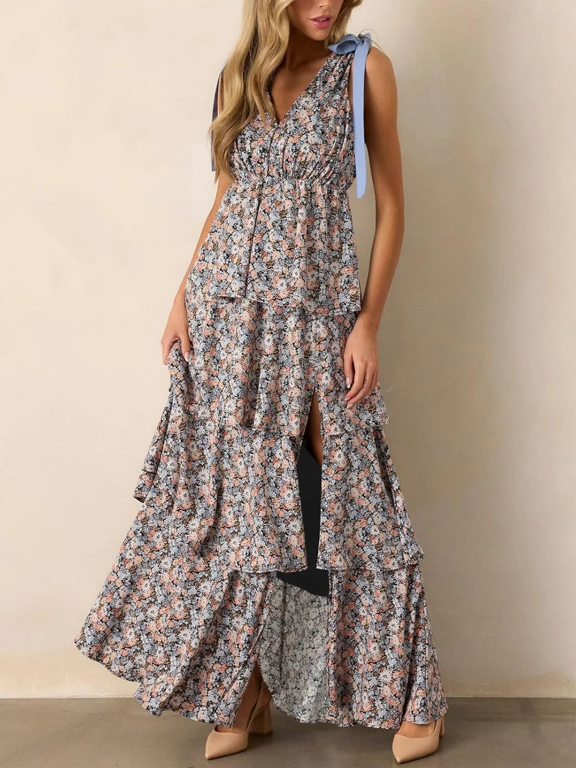 Wenrine Womens Summer Floral Maxi Dress Tie Strap Sleeveless V Neck High Slit Boho Ruffle Tiered Beach Dresses