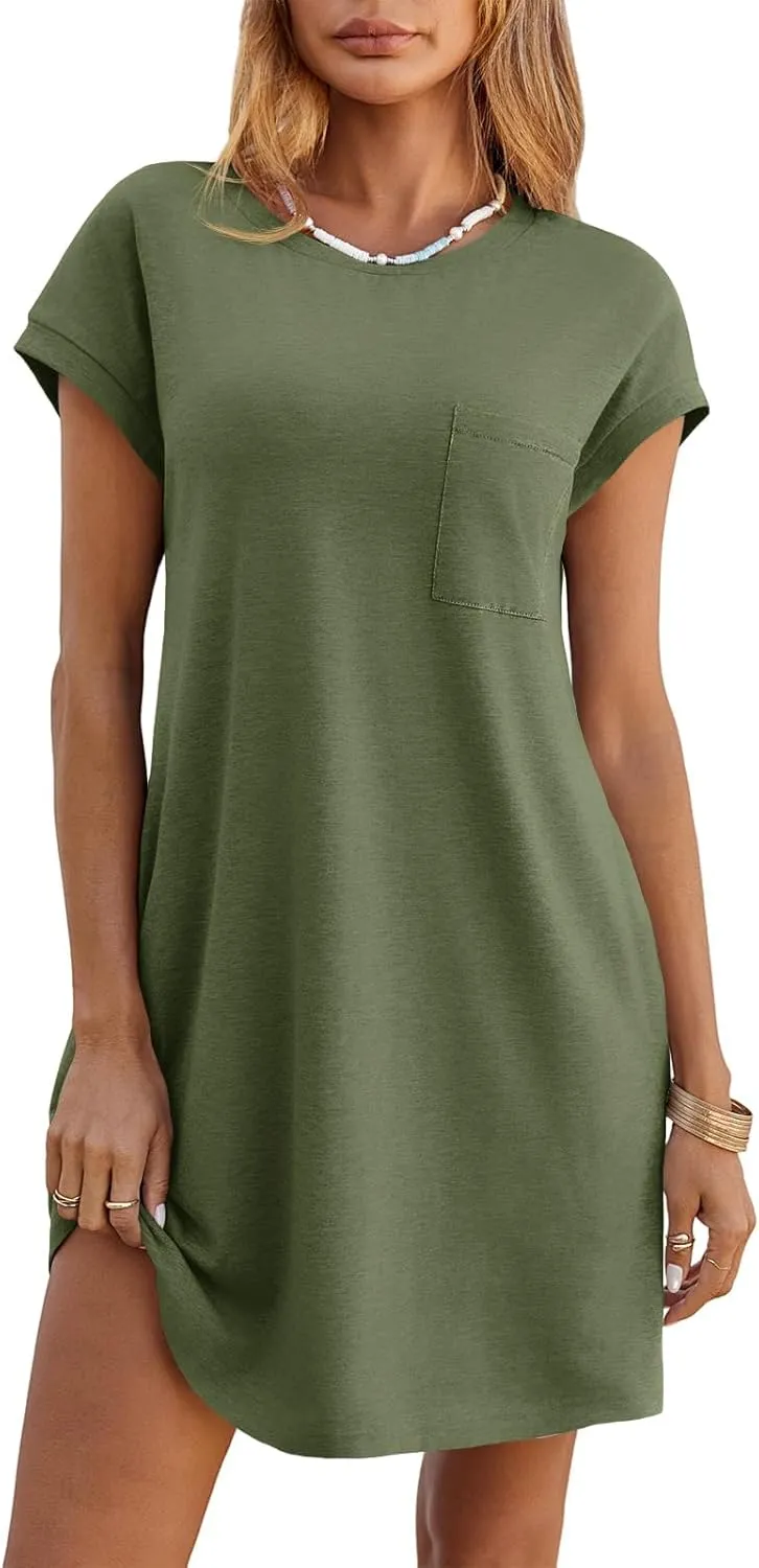 Wenrine Womens Summer T Shirt Dress Casual Short Sleeve Crewneck Loose Flowy Mini Dresses with Pockets