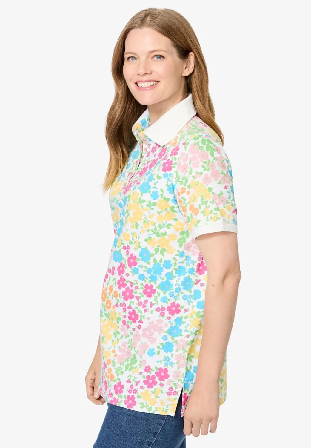 Woman Within Plus Size Perfect Printed Short-Sleeve Polo Shirt