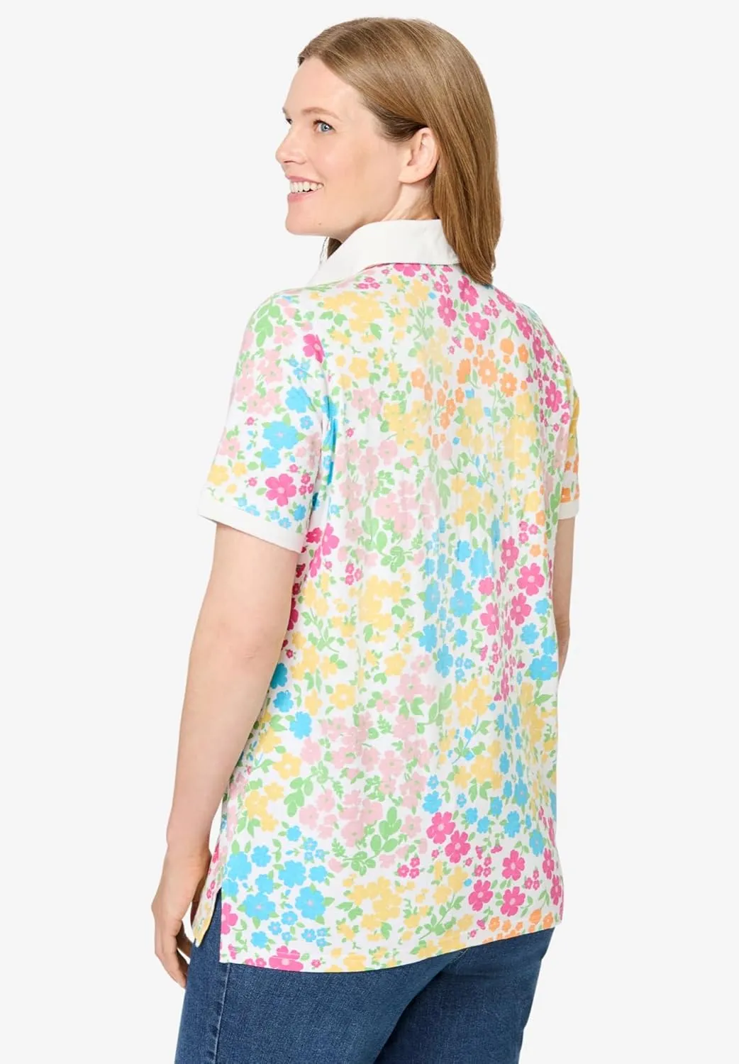 Woman Within Plus Size Perfect Printed Short-Sleeve Polo Shirt