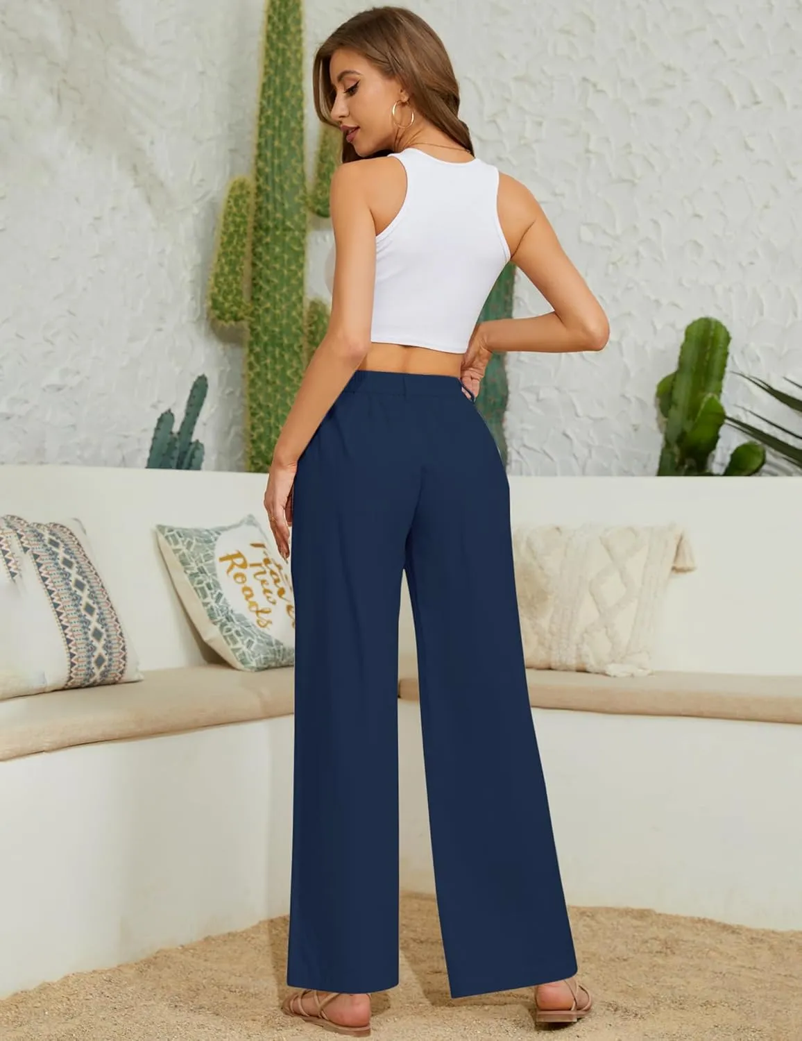 Women Casual Baggy Pants Wide Leg Elastic Waist Comfy Long Trendy Lounge Trousers with Pockets