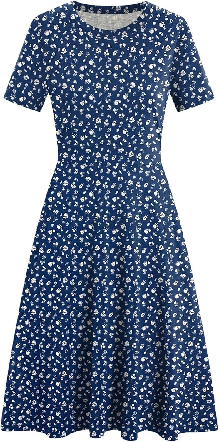 Women's 2025 Fit and Flare Dress Summer Casual Elegant Vintage Floral Printed Work Party A-line Dress with Pockets 162