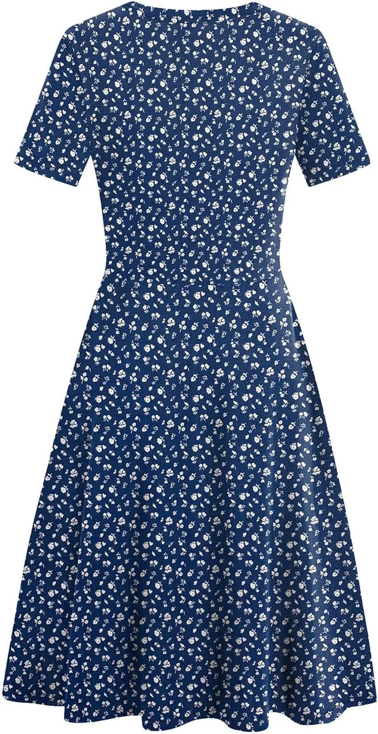 Women's 2025 Fit and Flare Dress Summer Casual Elegant Vintage Floral Printed Work Party A-line Dress with Pockets 162
