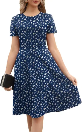 Women's 2025 Fit and Flare Dress Summer Casual Elegant Vintage Floral Printed Work Party A-line Dress with Pockets 162