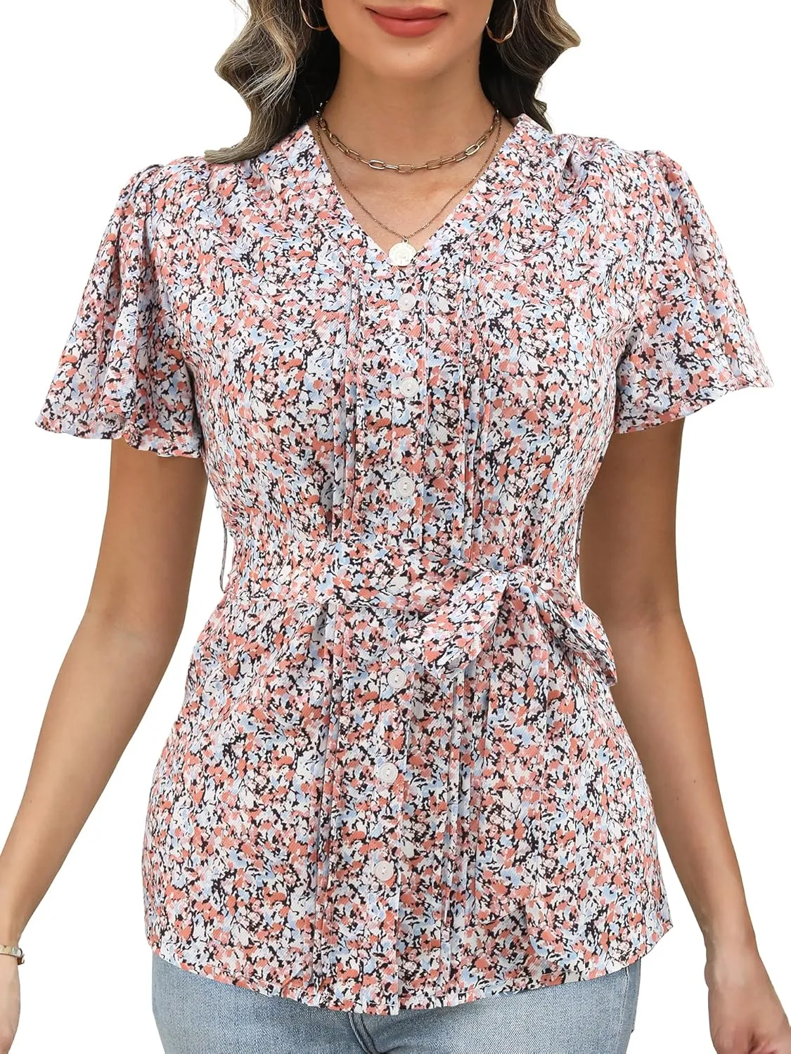 Women's Floral V-Neck Blouse, Short Flutter Sleeves Button Down Summer Casual Top with Waist Tie