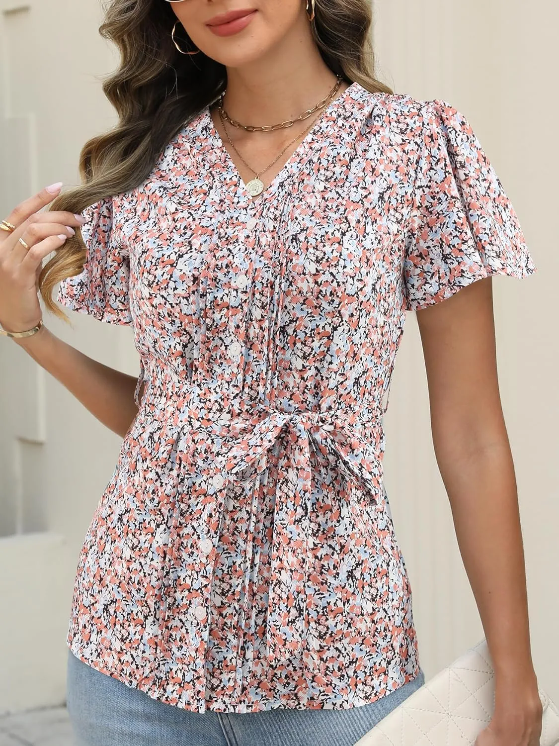 Women's Floral V-Neck Blouse, Short Flutter Sleeves Button Down Summer Casual Top with Waist Tie
