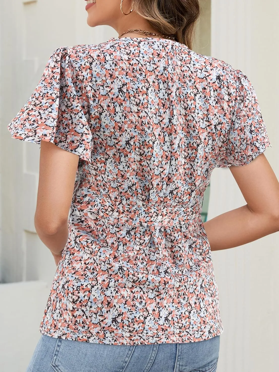 Women's Floral V-Neck Blouse, Short Flutter Sleeves Button Down Summer Casual Top with Waist Tie