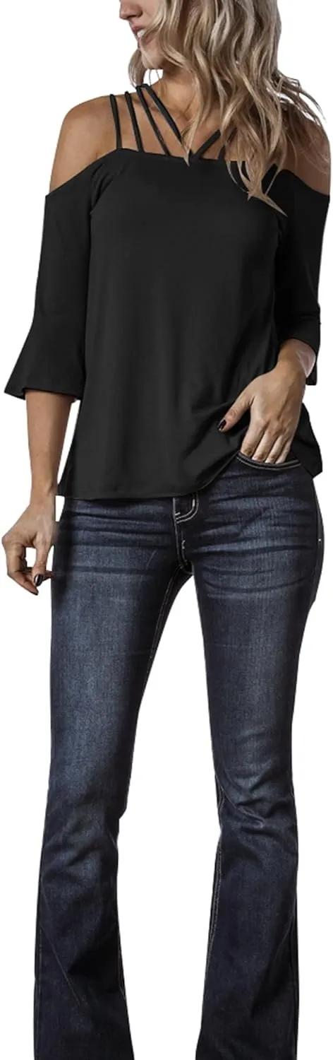 Womens Spaghetti Straps Cold Shoulder Shirts Casual Half Sleeve Tops