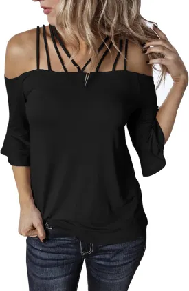 Womens Spaghetti Straps Cold Shoulder Shirts Casual Half Sleeve Tops