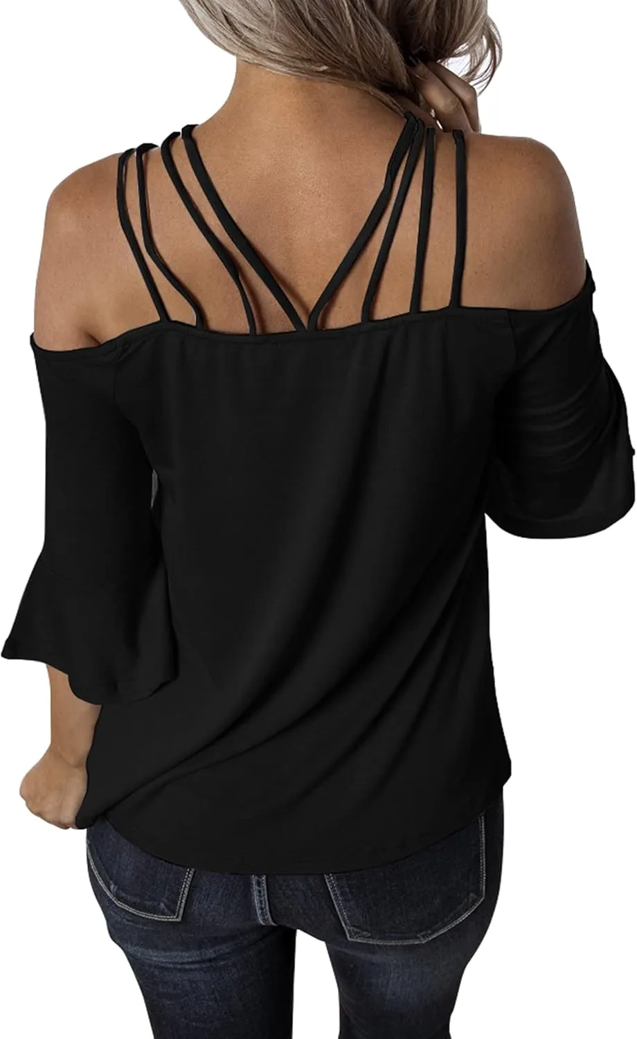 Womens Spaghetti Straps Cold Shoulder Shirts Casual Half Sleeve Tops