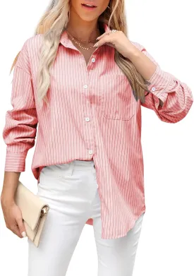 Womens Striped Button Down Shirt Oversized Cotton Blend Long Sleeve Boyfriend Shirts with Pocket Collared Blouse Dressy Tops