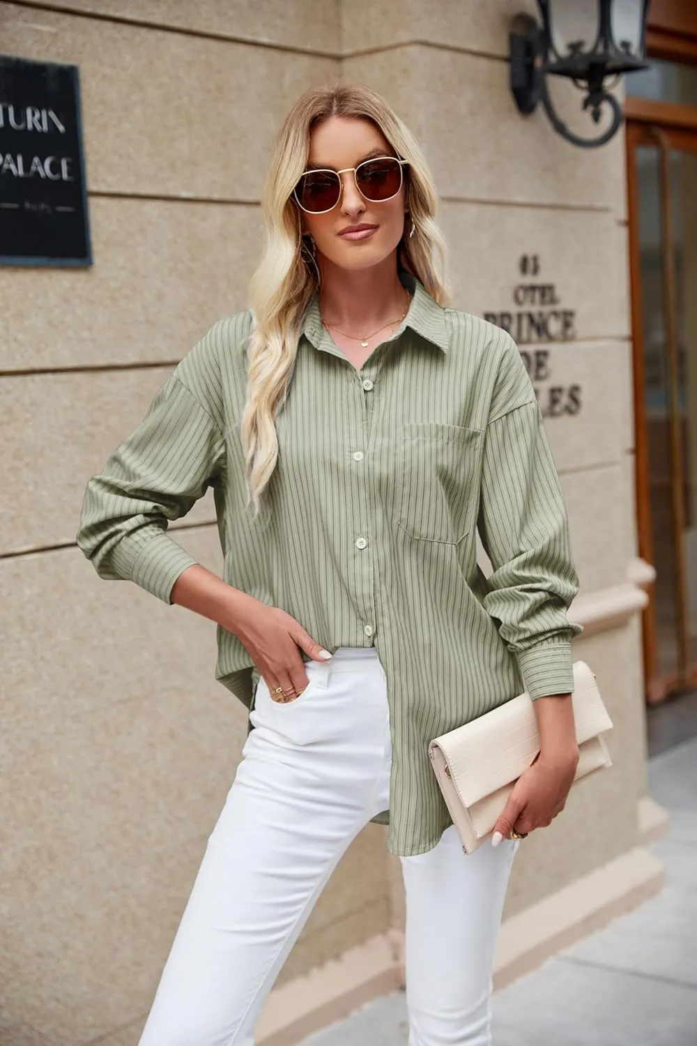 Womens Striped Button Down Shirt Oversized Cotton Blend Long Sleeve Boyfriend Shirts with Pocket Collared Blouse Dressy Tops
