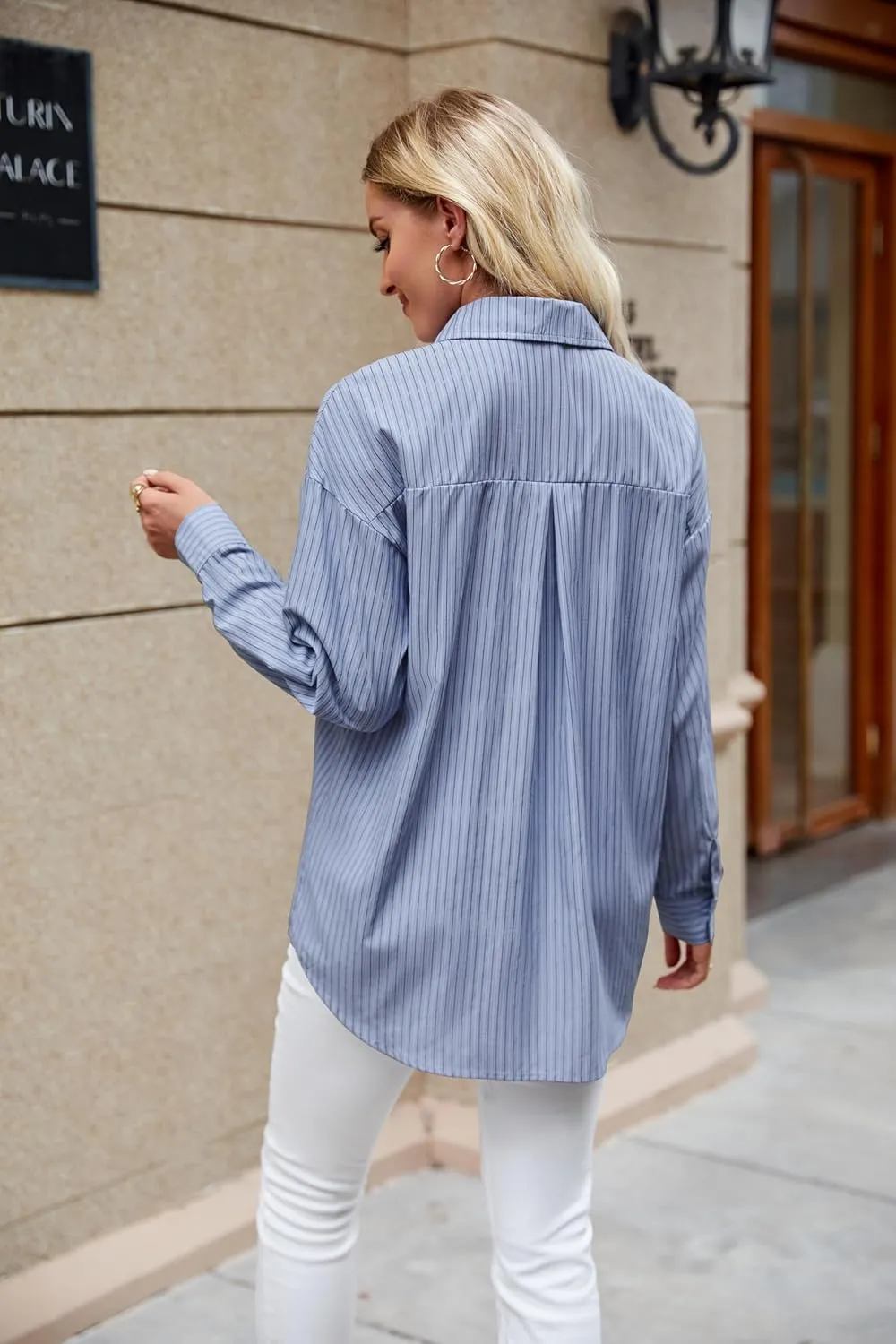 Womens Striped Button Down Shirt Oversized Cotton Blend Long Sleeve Boyfriend Shirts with Pocket Collared Blouse Dressy Tops