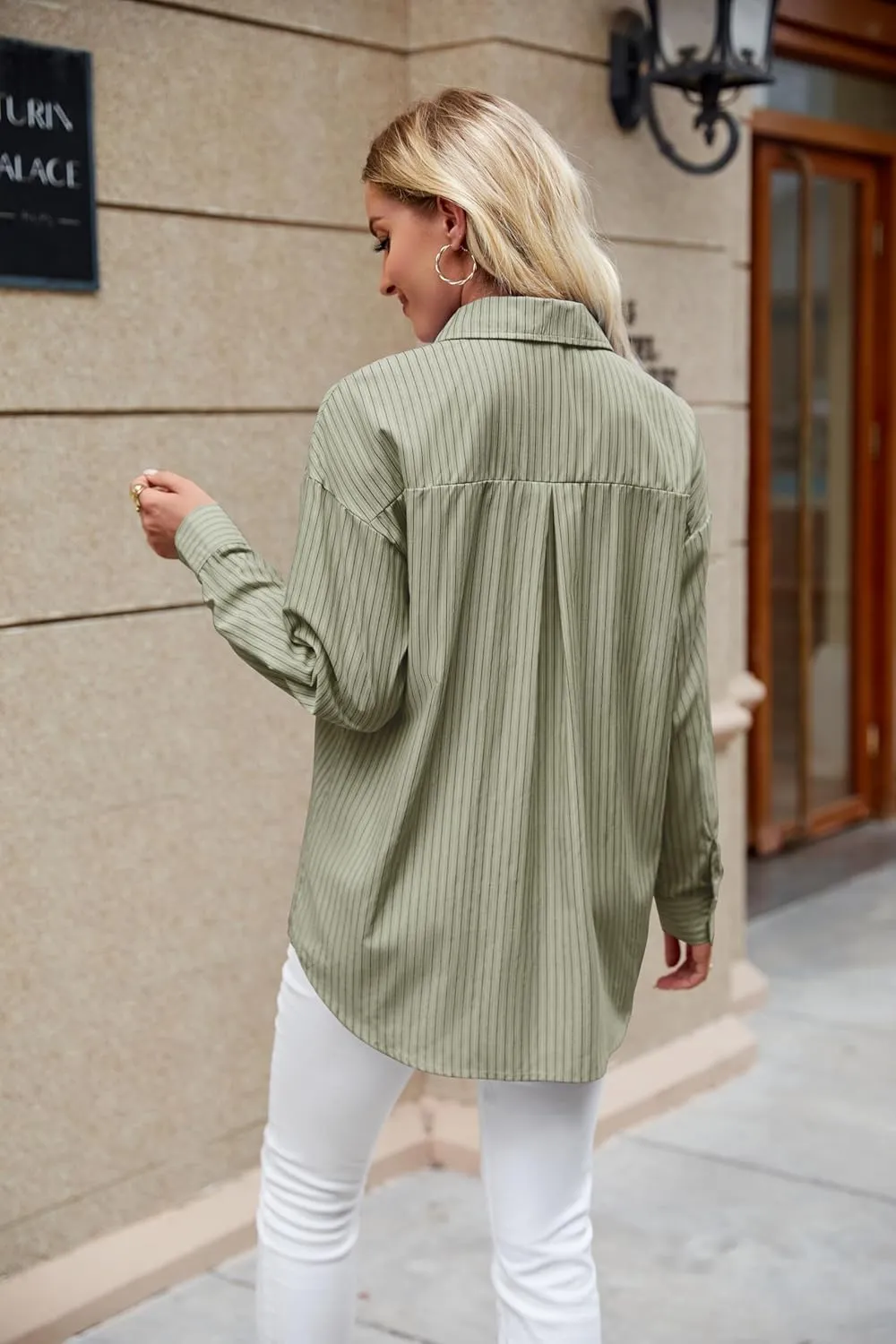 Womens Striped Button Down Shirt Oversized Cotton Blend Long Sleeve Boyfriend Shirts with Pocket Collared Blouse Dressy Tops