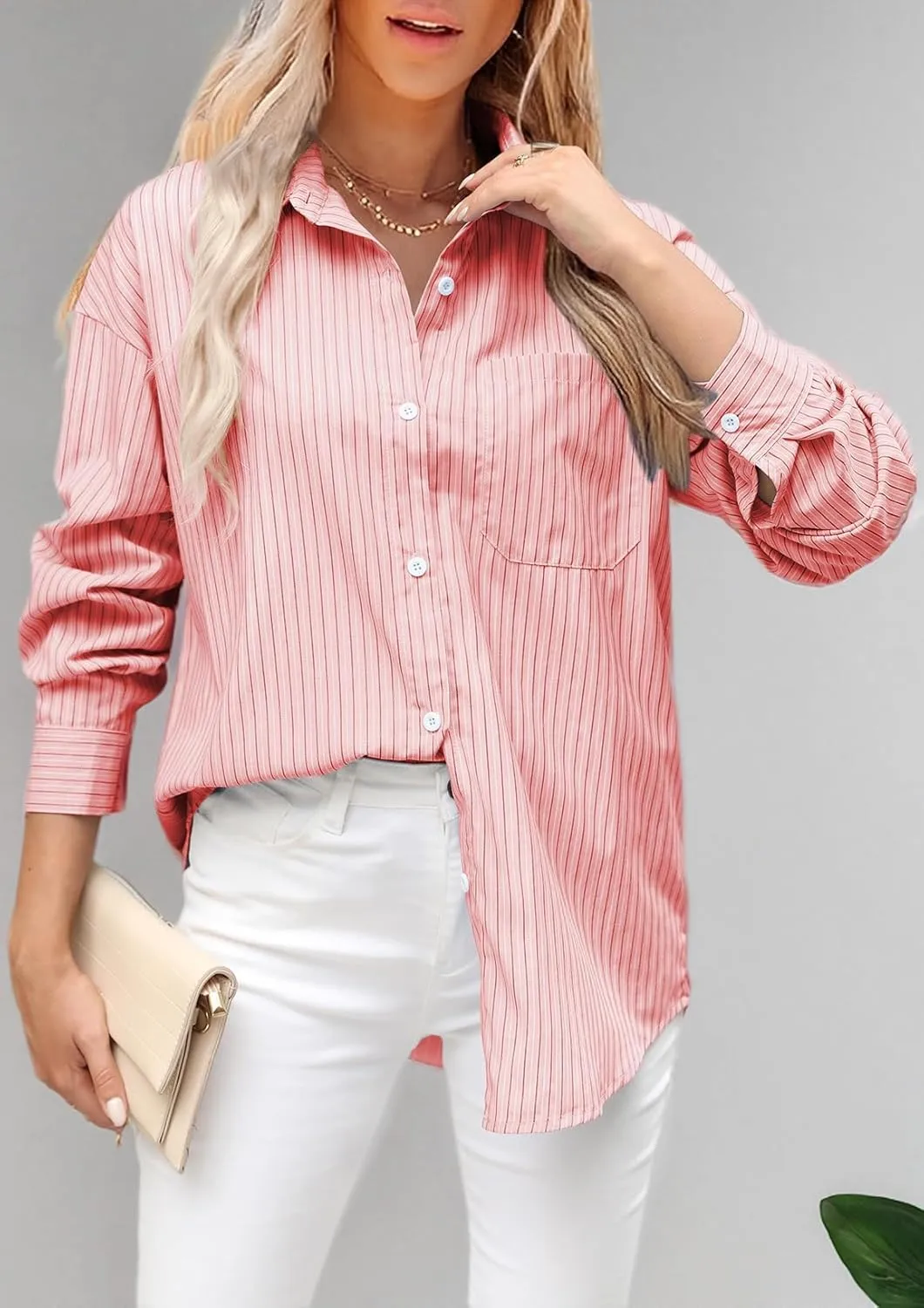Womens Striped Button Down Shirt Oversized Cotton Blend Long Sleeve Boyfriend Shirts with Pocket Collared Blouse Dressy Tops