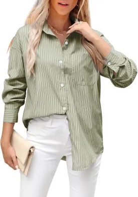Womens Striped Button Down Shirt Oversized Cotton Blend Long Sleeve Boyfriend Shirts with Pocket Collared Blouse Dressy Tops