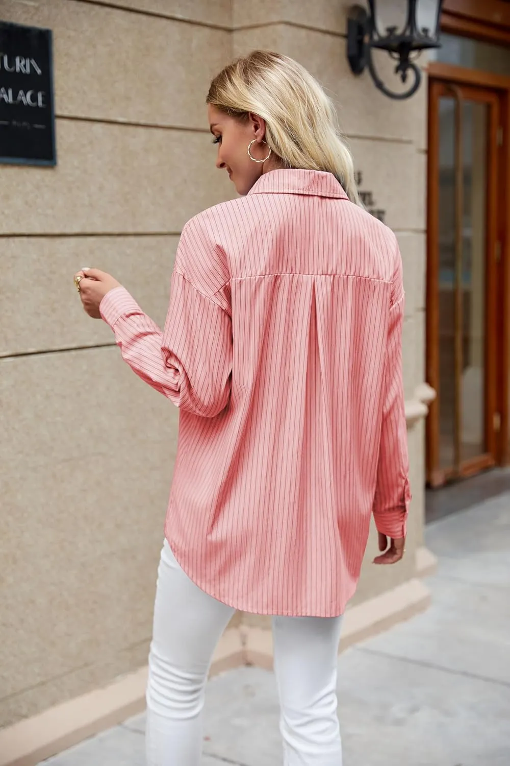 Womens Striped Button Down Shirt Oversized Cotton Blend Long Sleeve Boyfriend Shirts with Pocket Collared Blouse Dressy Tops