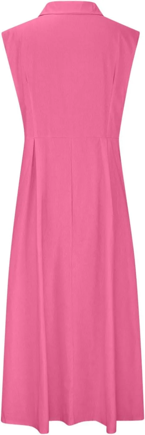 Women's Summer Boho Button Cotton Linen Midi Dresses Casual Collared V Neck Sleeveless Elegant Long Sundress