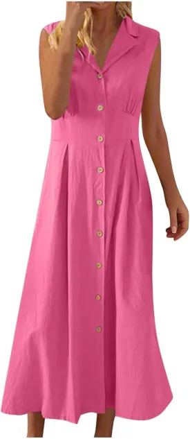 Women's Summer Boho Button Cotton Linen Midi Dresses Casual Collared V Neck Sleeveless Elegant Long Sundress