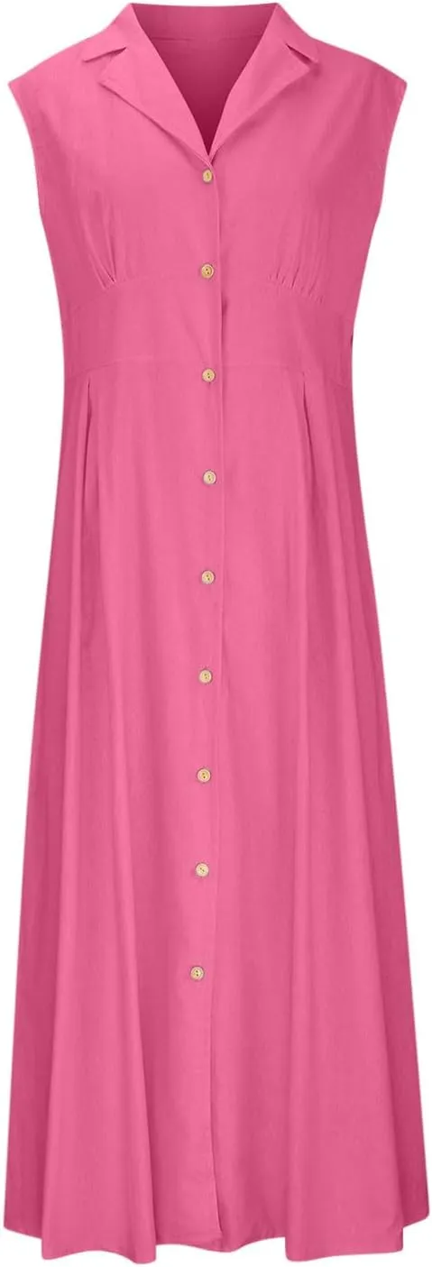 Women's Summer Boho Button Cotton Linen Midi Dresses Casual Collared V Neck Sleeveless Elegant Long Sundress