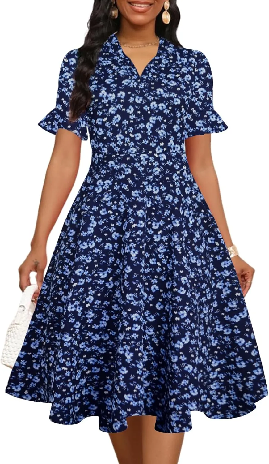 Womens Summer Ruffle Sleeve Collared V Neck Fit and Flare Elegant A line Swing Dresses with Pockets