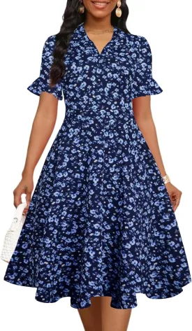 Womens Summer Ruffle Sleeve Collared V Neck Fit and Flare Elegant A line Swing Dresses with Pockets