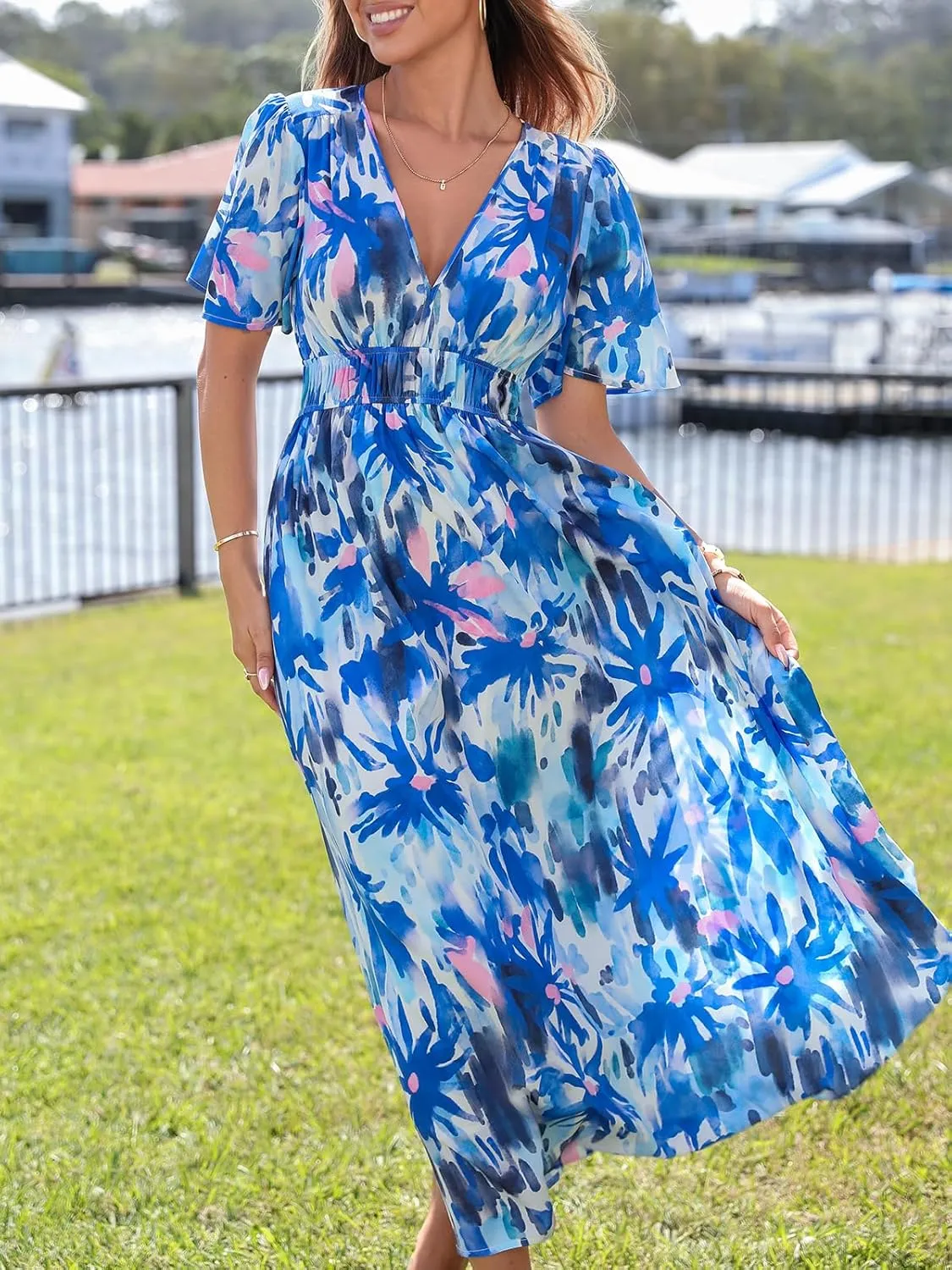 Womens V Neck Flutter Sleeve Boho Midi Dress Summer Wedding Guest Beach Party Long Dresses