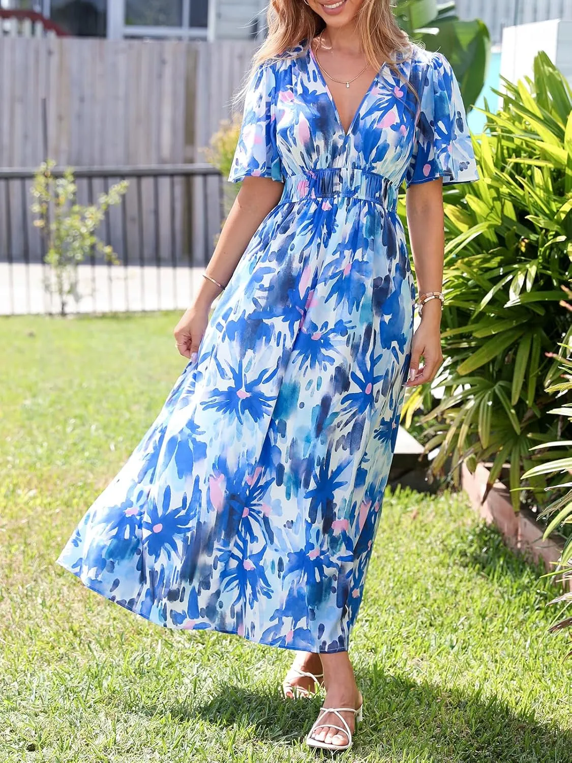 Womens V Neck Flutter Sleeve Boho Midi Dress Summer Wedding Guest Beach Party Long Dresses
