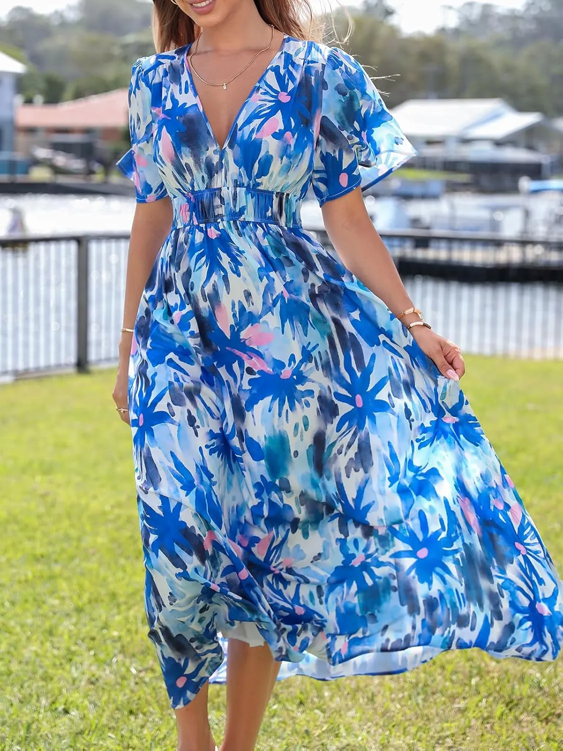 Womens V Neck Flutter Sleeve Boho Midi Dress Summer Wedding Guest Beach Party Long Dresses
