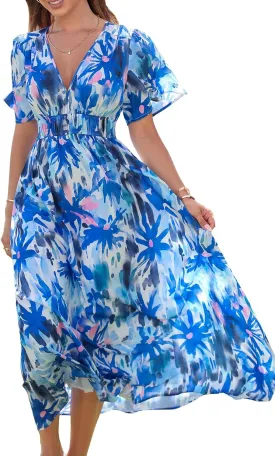 Womens V Neck Flutter Sleeve Boho Midi Dress Summer Wedding Guest Beach Party Long Dresses
