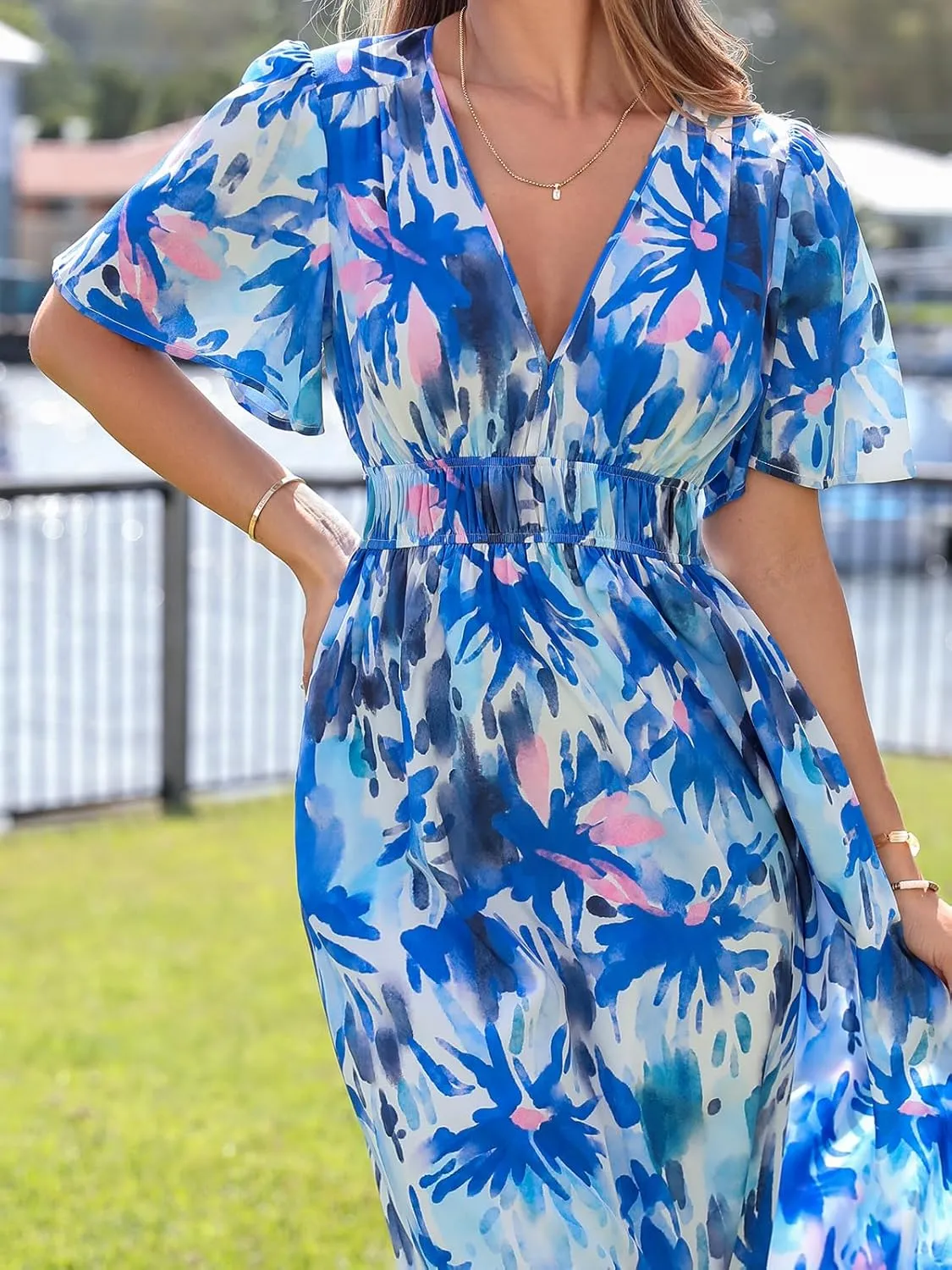 Womens V Neck Flutter Sleeve Boho Midi Dress Summer Wedding Guest Beach Party Long Dresses