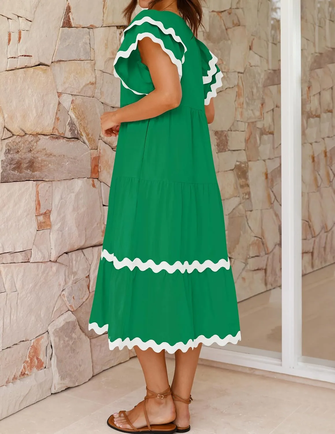 ZESICA Womens 2025 Summer Casual Midi Dresses V Neck Flutter Short Sleeve Ruffle Tiered A Line Flowy Beach Long Dress