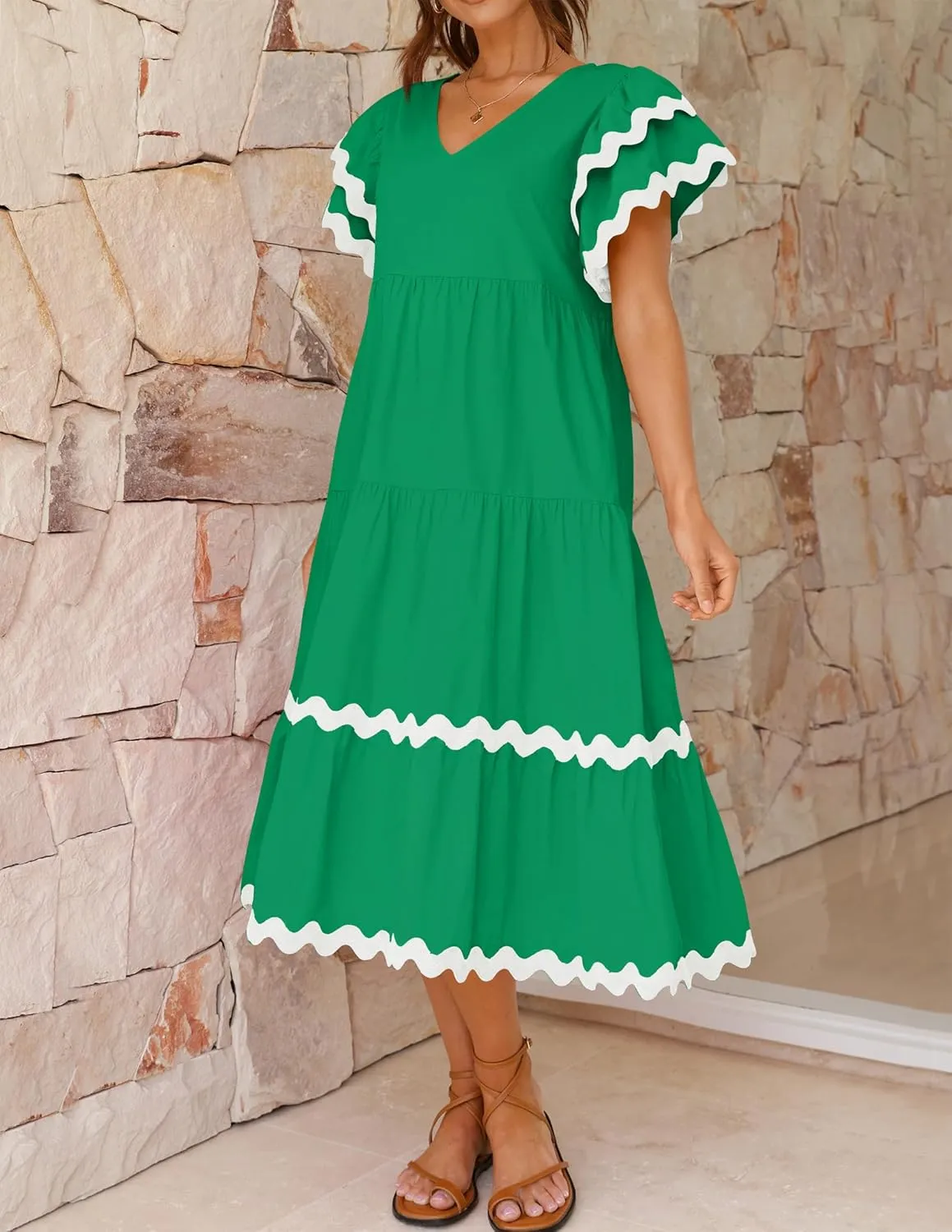 ZESICA Womens 2025 Summer Casual Midi Dresses V Neck Flutter Short Sleeve Ruffle Tiered A Line Flowy Beach Long Dress